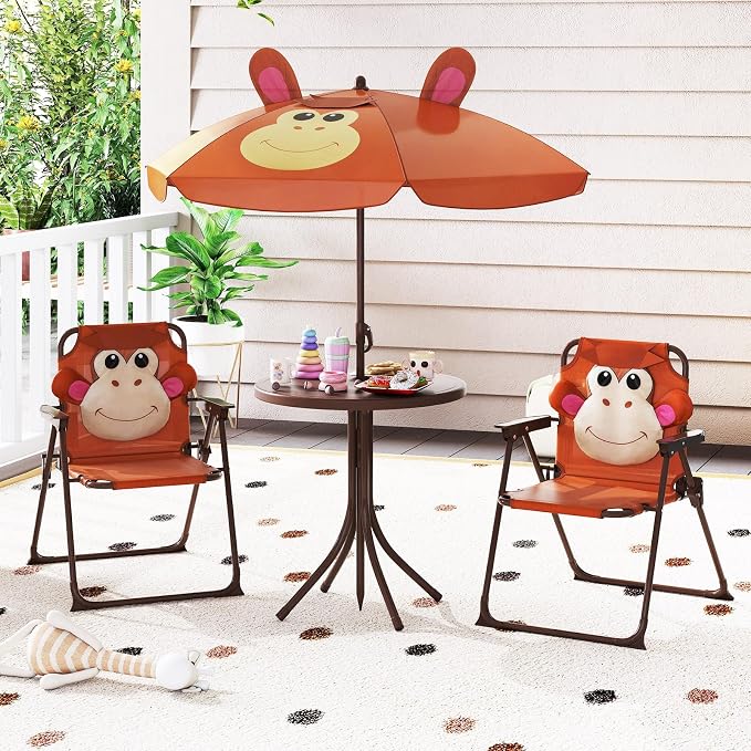 Costzon Kids Picnic Table, Kids Outdoor Table with 2 Folding Chairs, Height Adjustable Umbrella, Portable Children Outdoor Furniture for Patio, Garden, Backyard (Brown)