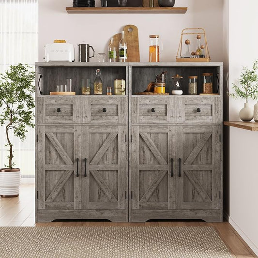 Befrases Set of 2 Farmhouse Storage Cabinet with Drawers and Adjustable Shelves, Freestanding Kitchen Pantry Storage Cabinet, Floor Storage Cupboard for Dining Living Room Home Office, Washed Grey