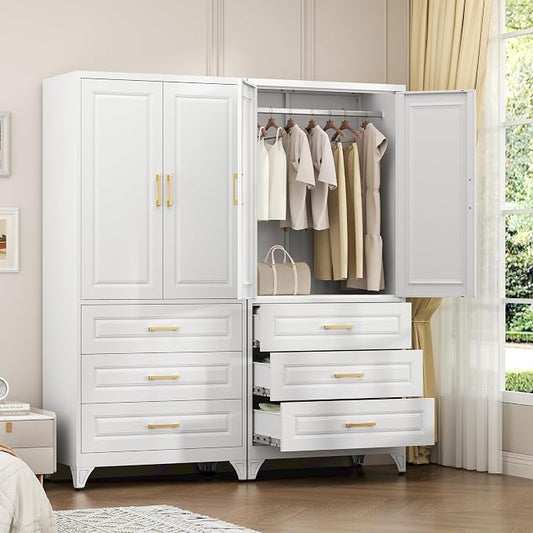 Metal Armoire Wardrobe Closet, 3 Drawers Clothes Storage Cabinet | Metal Wardrobe Cabinet with Doors, Hanging Rod, 71"Tall White Armoires, Closet for Bedroom, Bathroom, Gym
