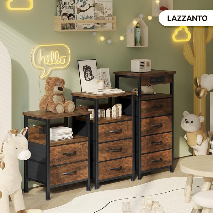 Lazzanto NightStand Bedside Charging Table Bedroom - Brown Night Stand with Charger Station, Modern Bed Side End Table with Open Shelf & 2 Fabric Drawers, USB-C Port for Dorm, Living Room
