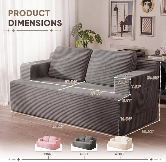 Homall 67” Boneless Sofa Couch with 2 Pillows Extra Deep Seats, Corduroy Fabric 3 Seater with Cup Holder & Storage Pocket Upholstered Floor Easy Installation (Grey, Loveseat)