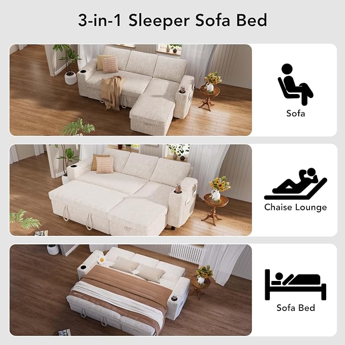 Vipbear Sleeper Sofa Bed, 82" Pull Out Couch with Reclining Backrest/Reversible Storage Chaise, 3 in 1 L-Shaped Couch with Armrest Storage | Cup Holder | Side Pocket | Tool-Free Assembly | Beige
