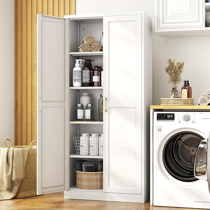 71" Metal Pantry Cabinet,Storage Cabinet with Doors and Shelves | Metal Storage Cabinet,Gold Handles,Adjustable Shelves,Magnetic Doors,Leveling Feet,Anti-tipping,for Kitchen/Garage White