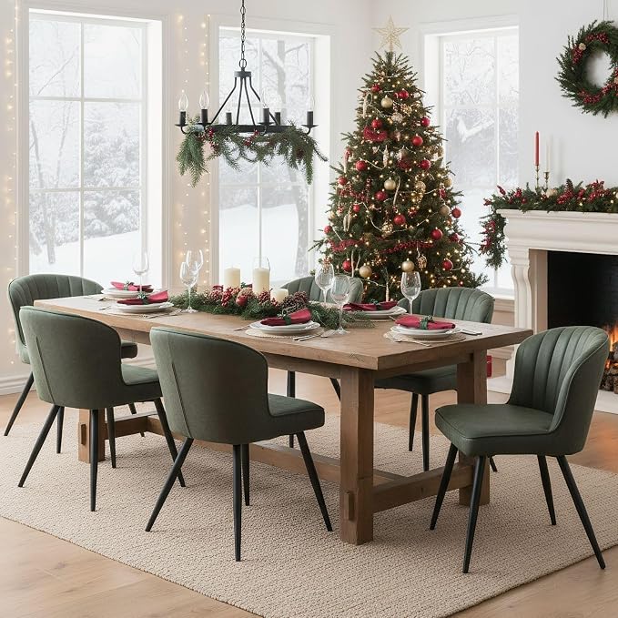 ROCITY Modern Upholstered Dining Chairs Set of 2 Green Leather Dining Room Chairs Armless Kitchen Chair with Black Metal Legs
