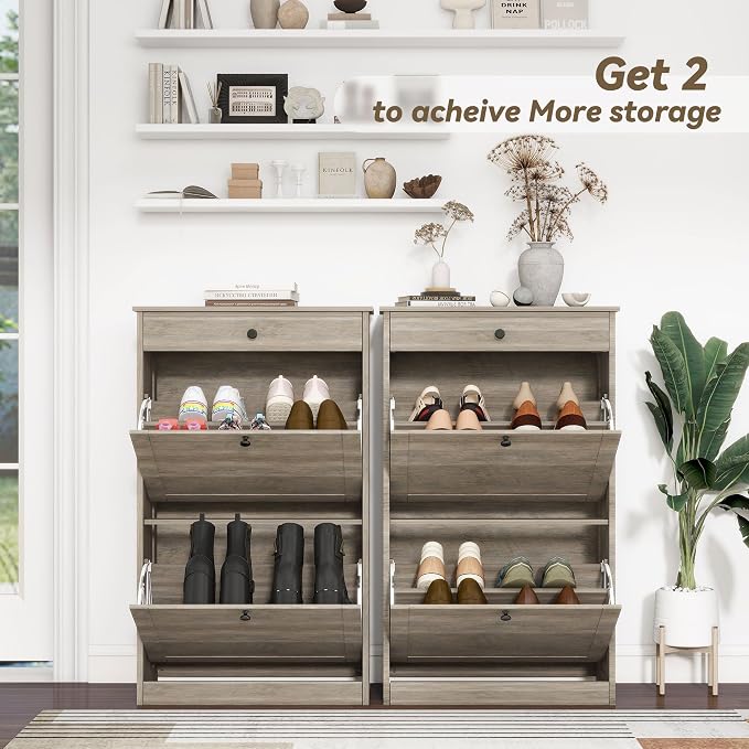 FTZxHKLX Shoe Cabinet with 2 Flip Drawers, Narrow Freestanding Shoe Storage Organizer, Slim Wooden Hidden Shoe Rack for Front Door Entrance, Closet, Hallway, Living Room, Rustic Gray
