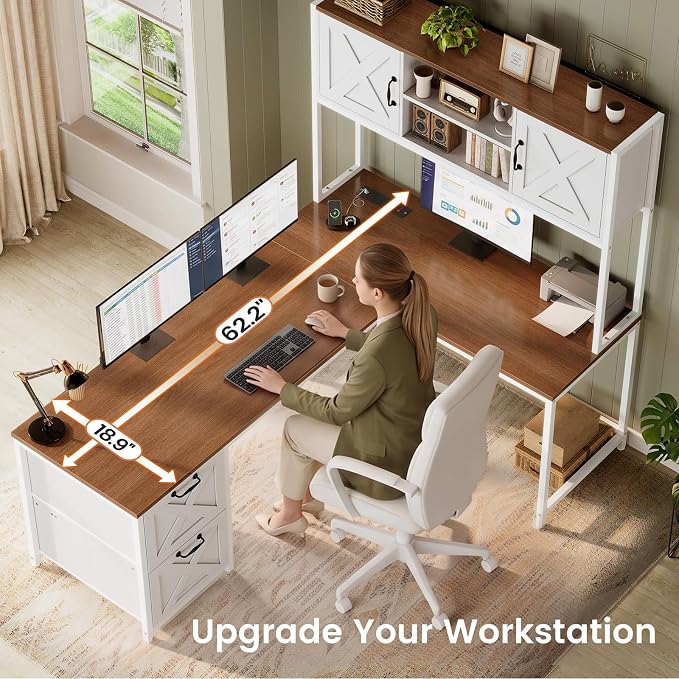 SEDETA Farmhouse L Shaped Desk with Hutch, Reversible 86.6" Computer Desk with Drawers and Power Outlet for Home Office/Two Person, Corner Desk with LED Light and Storage Shelves, White and Brown