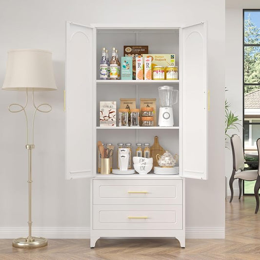 SteeLoong 75" Kitchen Pantry Cabinet,Metal Storage Cabinets with 2 Drawers,Pantry Cabinet with Doors and Shelves,White Tall Storage Cupboard for Living Room, Dining Room Office