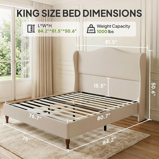 Welzona King Size Bed Frame 51" Tall Wingback Headboard, Soft Fabric Upholstered Platform Bed with Solid Wood Legs and Wooden Slats Support, No Box Spring Needed, Easy Assembly, Beige