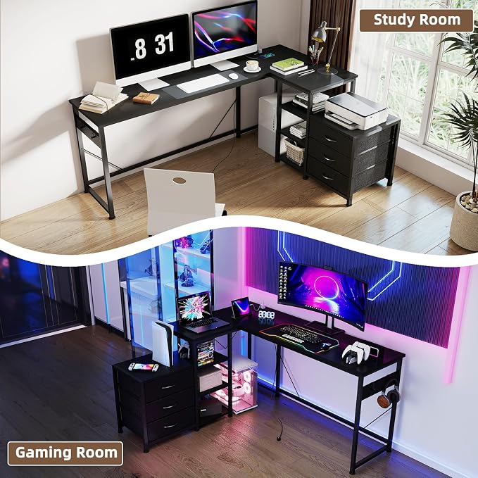 YOSHOOT 55" L Shaped Computer Desk with 3 Fabric Drawers, Gaming Desk | Office Desk with Power Outlets & Open Shelves, Corner Desk L Shape for Home Office Work Study, Black