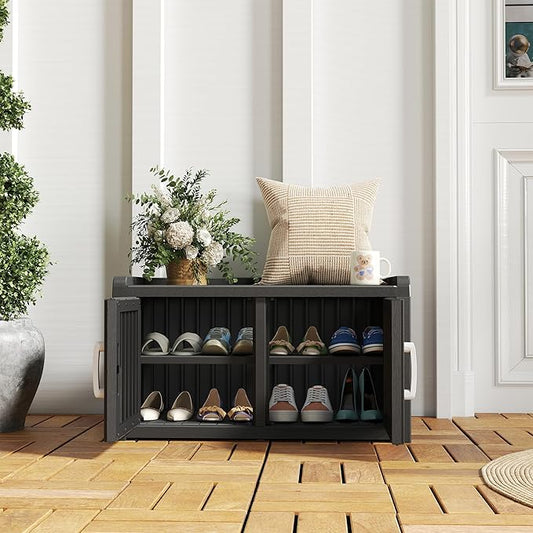 2-Tier Storage Bench, Waterproof UV-Resistant Outdoor Shoe Storage Cabinet with 2 Doors & Adjustable Shelves for Indoor Outdoor Entryway, Hallway, Living Room (Black)