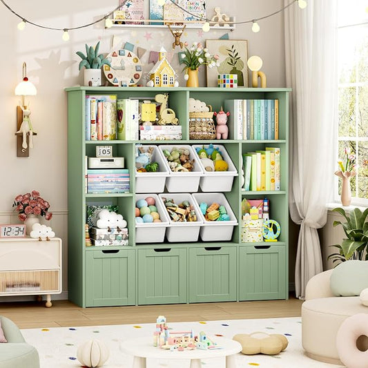 FINETONES Toy Storage Organizer with 6 Toy Bins, Large Toy Organizers and Storage with 4 Movable Drawers and 6 Storage Cubbies, Kids Toy Storage and Toy Chest for Playroom and Kids Room, Green | Toy Storage Organizer and Kids Bookshlef with Toy Bins