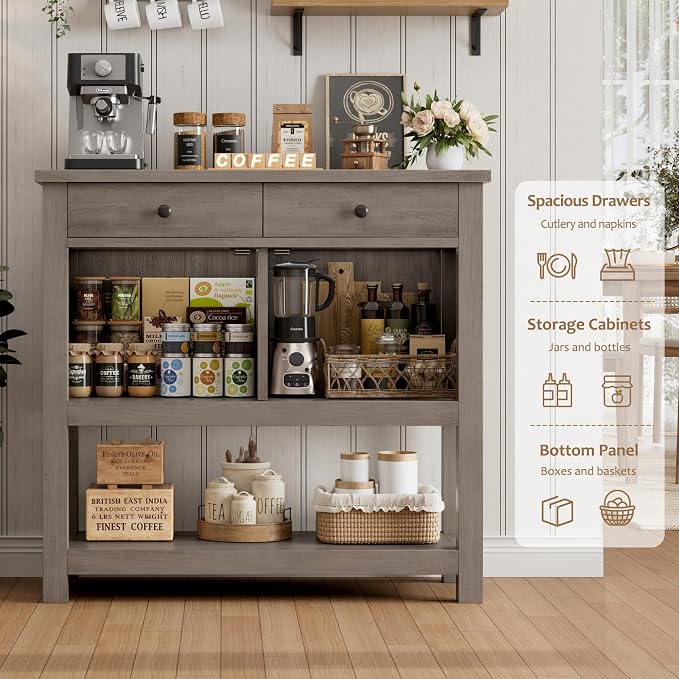 HOSTACK Farmhouse Console Table with 2-Door Cabinet & 2 Drawers, Coffee Bar, Entryway Table with Storage Shelf, Sofa Tables Buffet Sideboard for Kitchen, Hallway, Dining, Living Room, Ash Gray