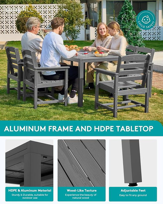 SERWALL HDPE and Aluminum Outdoor Dining Set for 8, Grey | 60" - 83" Expandable Outdoor Dining Table and 8 HDPE Chairs, All Weather Outdoor Furniture Set