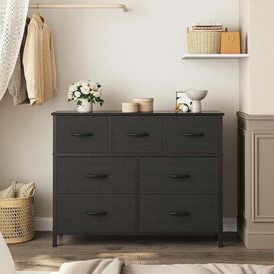OLIXIS Dresser for Bedroom with 7 Fabric Drawers Storage Organizer Closet Chest Clothes Cabinet Vertical Dresser for Living Room Entryway Hallway,Black