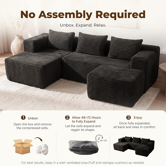 Modular Sectional U-Shaped Sofa with Deep Seat, Modern Boneless Comfy Corduroy Fluffy Couch with Side Pockets and Anti-Slip & Floor-Friendly Bottom for Living Room, No Assembly, Black