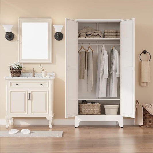 Metal armoire Wardrobe Closet with Hanging Rod,71'' Metal Wardrobe Cabinet with 2 Doors and 2 Adjustable Shelves, Bedroom armoires,Laundry Room cabinets,armario de ropa Closet(Classic, White)
