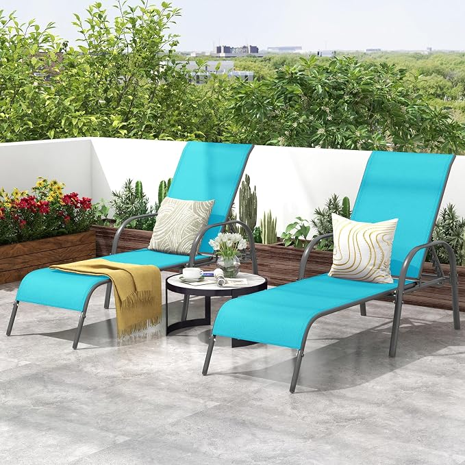 Giantex Patio Lounge Chair, Outdoor Chaise Lounge with 5 Adjustable Backrest, Sturdy Steel Frame, Sunbathing Recliner, Tanning Chair for Beach, Outside, Yard, Balcony, Pool Chairs (1,Turquoise)