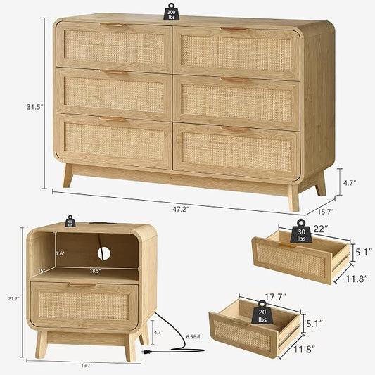 FORTUNETEC 47" Rattan 6 Drawer Dresser, Modern Farmhouse & Boho Wooden Chest of Drawers with Oak Wood Grain, Multifunctional Storage Bedroom Set for Bedroom, Living Room, Entryway & TV Stand