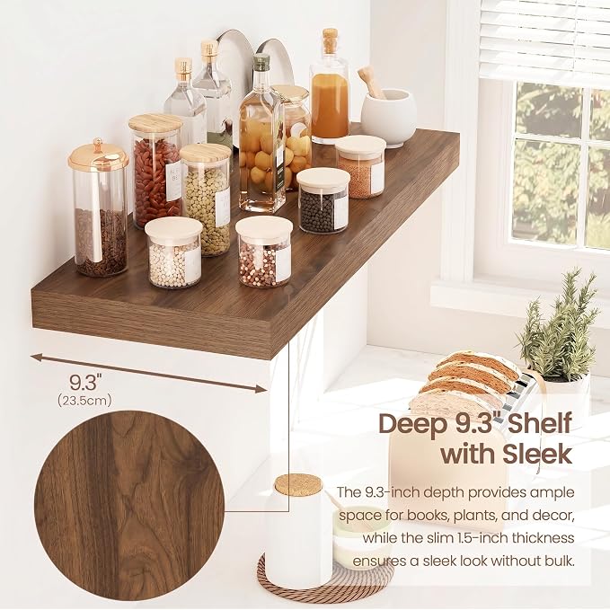 Vivelove Walnut Floating Shelves for wall, 24 Inch Wall Display Shelves with Invisible Brackets, for Bathroom Living Room Kitchen Bedroom Office Farmhouse Home Decor, 24X9.3X1.5 - Set of 2, Walnut