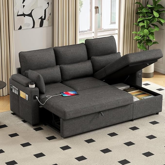 L-Shaped Sectional Sofa with Storage, Reversible Sleeper Sofa Couch with Chaise, Soft Fabric Upholstered Modular Couch with Cup Holder & Side Pockets, 1000lbs Capacity for Living Room (Black, 3-Seat)