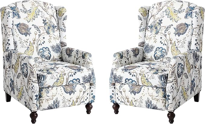 Upholstered Wingback Recliner Chair, Mid Century Modern Manual Push Back Recliner for Living Room, Bedroom (2, Blue & White Floral)