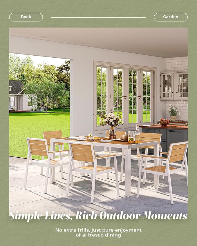 Vexwalx 67" HDPS Outdoor Patio Dining Table, Aluminum-Edged Outdoor Dining Table with Umbrella Hole, Weather-Resistant for Lawn, Garden, Poolside and Indoor Use, White & Teak