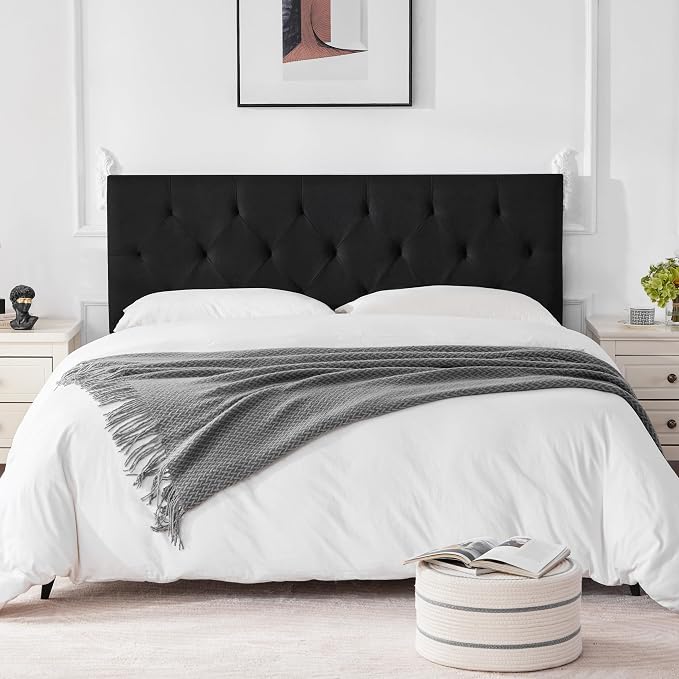 Linen Headboard King Size, Adjustable Height Headboard 37-51 in, Black | Diamond Tufting Solid Wood King Headboards, Durable Metal Legs, Upholstered King Head Board for Bed Frame, Modern Fabric