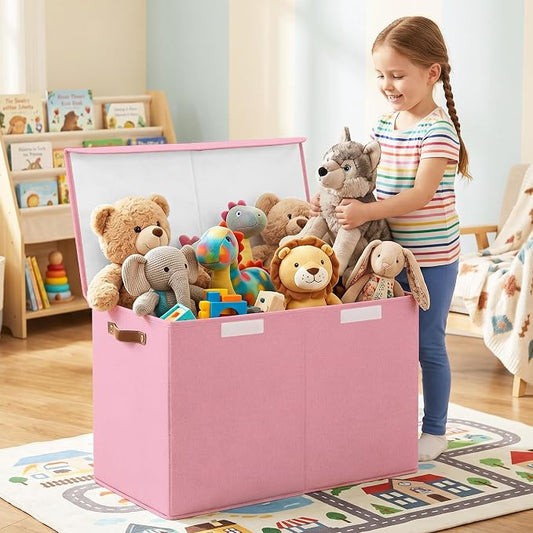 Bagnizer Large Toy Storage Box with Lids, Collapsible Sturdy Baby Storage Organizer Chest Bin Basket for Kids, Boys, Girls, Playroom, Nursery, Bedroom, Closet 25"x13"x16" (Pink)