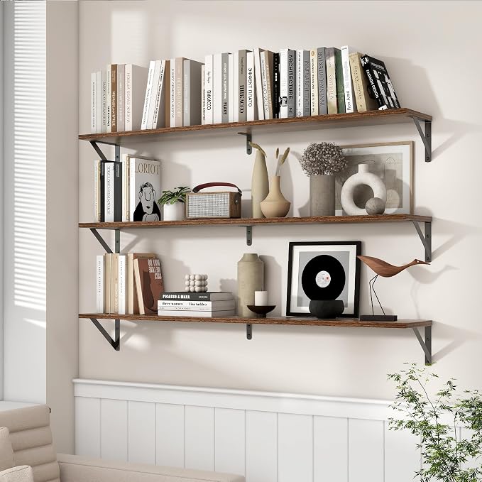Axeman 48 Inch Floating Shelves | 8 Inch Deep Walnut Wall Shelves Set of 2 | 47.3W x 8D Rustic Wood Shelves for Bookshelf Living Room Bedroom Home Office Bathroom