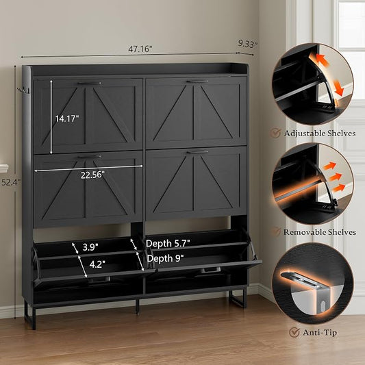 BORNOON Shoe Cabinet with 6 Flip Drawers Narrow Shoe Storage Cabinet Organizer Wooden Freestanding Shoe Rack Hidden Slim Shoes Storage Cabinet for Entryway, Hallway, Living Room, Bedroom