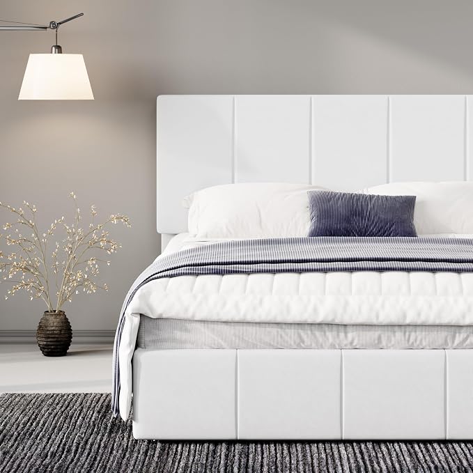 Allewie Full Size Dutch Velvet Upholstered Platform Bed Frame/Vertical Channel Tufted Adjustable Headboard/Low Profile Bed Frame/No Box Spring Needed/Easy Assembly/White