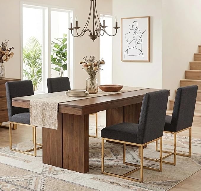 VESCASA Linen Upholstered Dining Chairs Set of 2, Mid Century Modern Padded Chair with Gold Metal Frame for Restaurant, Dining Room, Kitchen, Charcoal
