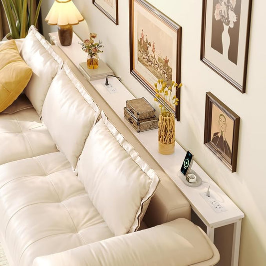 Huuger 102.4 Inch Sofa Table with Power Outlets, 23.9’’-34.4’’ Height Adjustable Range, Behind Couch Table with USB-C Ports, Sofa Tables Narrow Long, Skinny Console Table, for Small Spaces, White