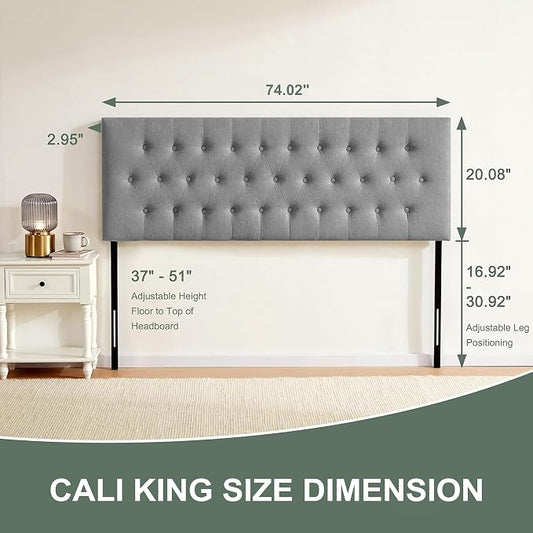 Upholstered Headboard California King, Adjustable Height 37''- 51'', Gray | Sturdy Durable Solid Wood Bed Headboard, Tufted Fabric California King Headboard, Modern Button Diamond Design Head Board