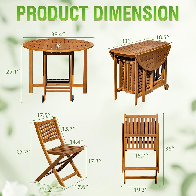 Greesum 5 Piece Patio Dining Set Outdoor Acacia Wood Furniture All-Weather Folding Round Table and Chairs for Backyard, Balcony, Porch, Deck, Garden, Light Brown