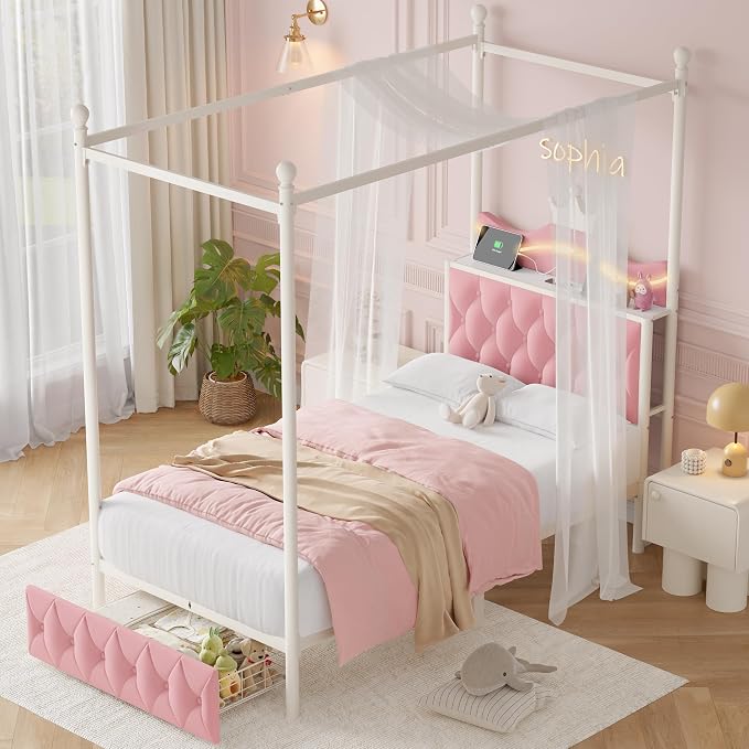 Keyluv Twin Size Upholstered LED Canopy Bed Frame with Charging Station and Drawer, Button Tufted Crown Headboard with Storage Shelf, Two-Purpose Removable Four Poster Design Platform Bed, Pink