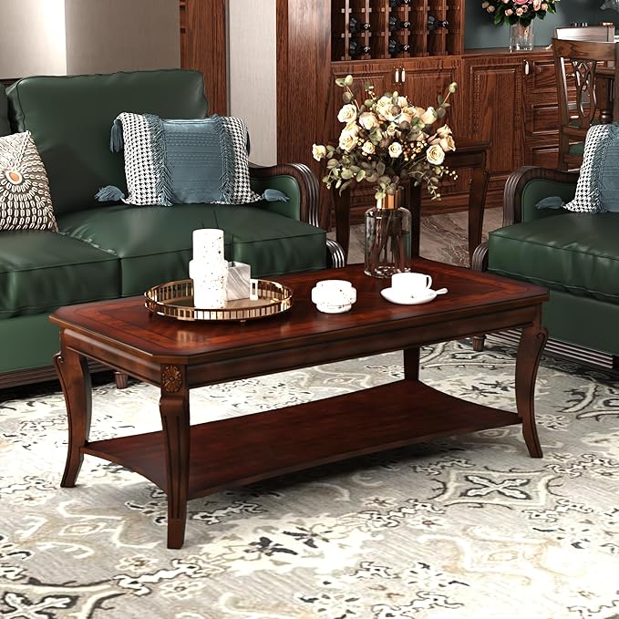 Rectangle Coffee Table for Living Room, Solid Wood Coffee Table with Storage Shelf, Traditional Distressed Farmhouse Style with Shelf, Solid Hardwood Rustic Center Table for Living Room, Cherry 1168WD