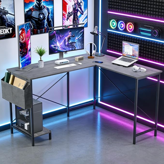 L Shaped Desk, 50 Inch Reversible Computer Desk Corner Gaming Table with CPU Stand & Storage Bag, Sturdy Metal Frame PC Workstation for Home Office