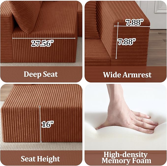 118" Modular Sectional Sofa with Chaise and Ottoman, Oversized U-Shaped Corduroy Cloud Couch, Deep Seat Boneless Couch for Living Room, No-Assembly - Brown (Right Facing Chaise)