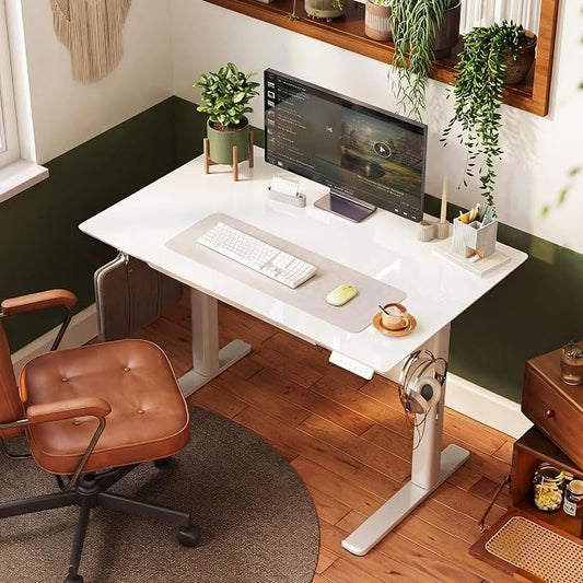 INNOVAR Glass Standing Desk with Drawers, 35×20 Inch Adjustable Stand Up Desk, Quick Install Home Office Computer Desk, White