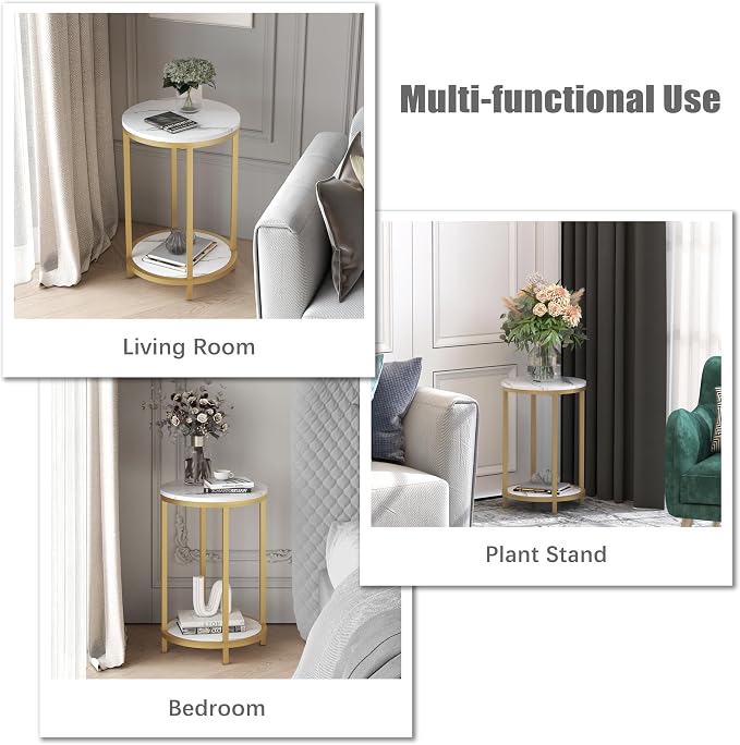 WiberWi Round Side Table Set of 2, Modern Nightstand End Table with Gold Metal Frame &Faux Marble Top, Accent Bedside Table for Living Room Bedroom Small Spaces with Storage Open Shelf,White