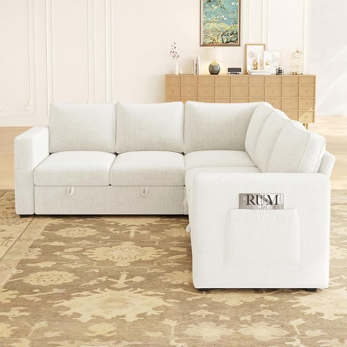 83.5" Sectional Sleeper Sofa with Pull Out Couch, Modern 5 Seat L Shaped Modular Couch, Sectionals Modular Sofa with Storage, Comfy Sectional Couches for Living Room & Apartment,Light Beige