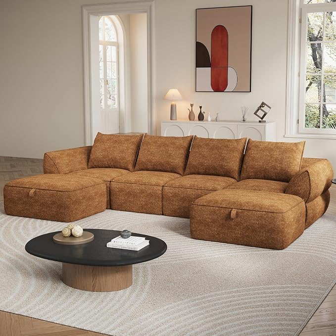 132" Modular Sectional Sofa with Deep Seat, U-Shaped Cloud Couch for Living Room, 4-Seater Boneless Sofa with 2 Ottomans, Flexible Combination Modern Upholstery Sofa, No Assembly Required, Orange