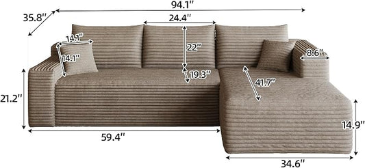 95" L Shaped Boneless Sectional Sofa Couch with Chaise Lounge, Minimalist Right Facing Compressed Cloud Modular Sectional Sofa Corner Couchfor Living Room,No Assembly Required