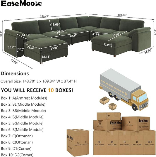 EASE MOOSE Oversized L Shaped Sectional Modular Sofa,Large U Shaped Sectional Couch Wide Deep Seat Modular Cloud Couch Green Removable Washable