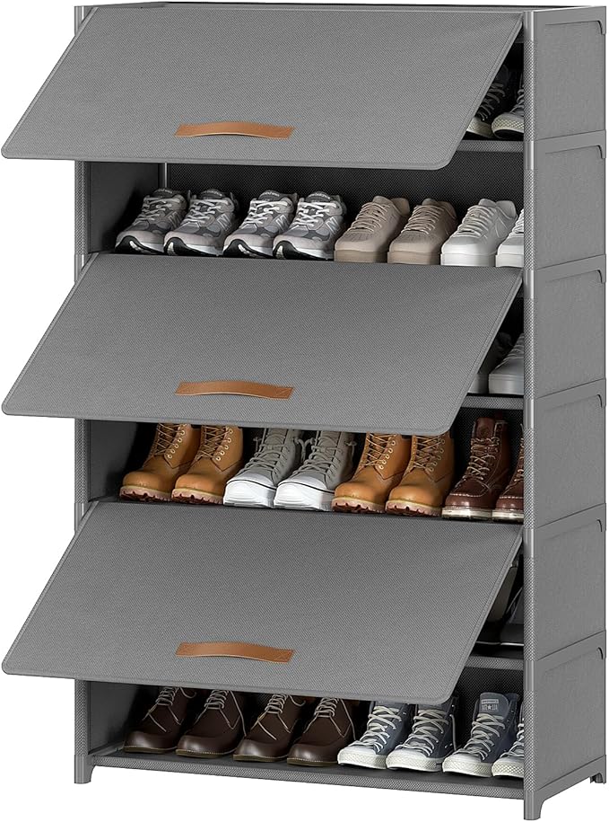 Shoe Rack, 7 Tier Shoe Storage Cabinet with Door 28 Pair Plastic Shoe Shelves Organizer for Closet, Entryway, Hallway, Bedroom, Grey