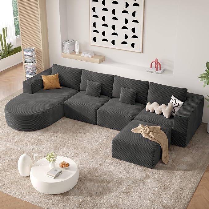 134" Boneless Couches for Living Room,Large U-Shaped Modular Sectional Sofa with Convertible Ottoman,Modern Cozy Cloud Couch in a Box,Sponge Compression Deep Seat Sofas with Chaise,Gray,1pcs
