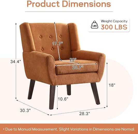 HUIMO Accent Chair Set of 4, Upholstered Button Tufted Armchair, Linen Fabric Sofa Living Room Chairs for Bedroom, Mid-Century Modern Comfy Reading Chair (4 PCS, Orange)