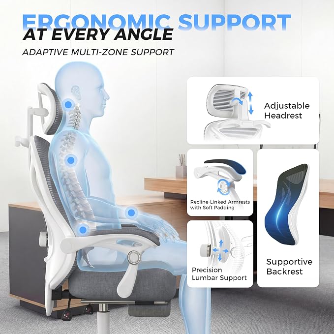 CYKOV Ergonomic Office Chair with Footrest - Adjustable Lumbar Support & Headrest, 90-135° Reclining Mesh Back Computer Chair - Home Office/Gaming, 350lbs Capacity