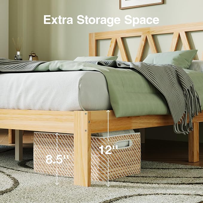 Novilla 12 Inch Wooden Full Size Bed Frame, Solid Wood Full Size Bed Frame with Headboard, Sturdy Wood Slat Support, No Box Spring Needed, Easy Assembly, Pine